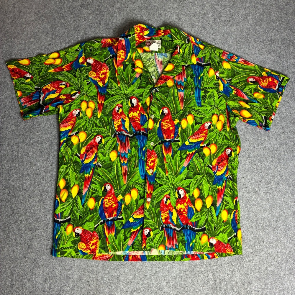 Hilo Hattie Hawaiian Shirt Mens XL Green Parrot Macaw Tropical Cotton Travel